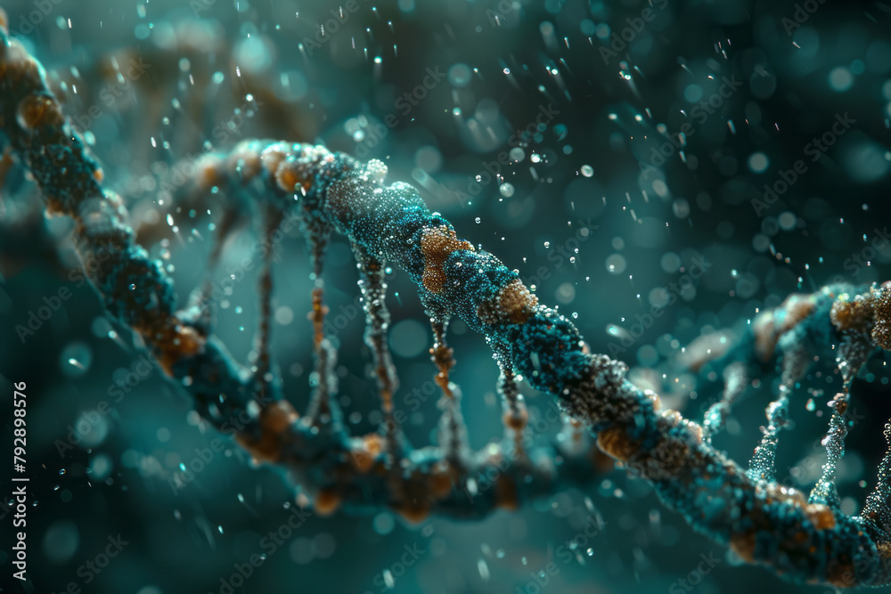 Poster a scene showing the intricate movements of dna polymerase as it travels along a dna strand, adding n