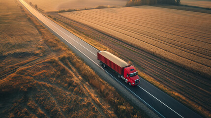 A truck travels along a winding road through golden fields at dusk