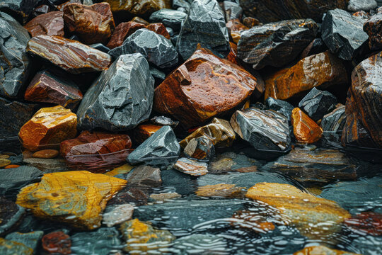 A scene depicting the chemical weathering of rocks in a river, with acids from rainwater slowly diss