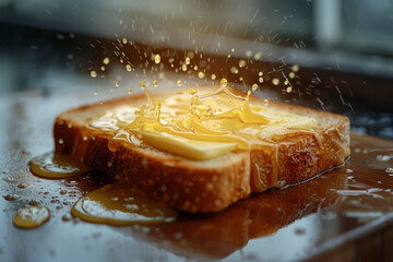 An image of butter melting on hot toast, softening and spreading as heat transfers from the bread. 3 - obrazy, fototapety, plakaty