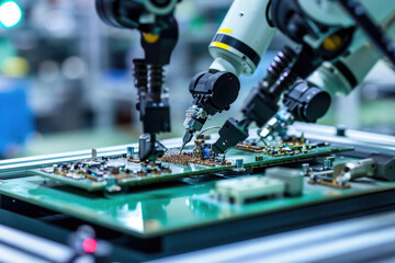 Three robots are working on a circuit board