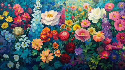 A meticulous oil painting captures a garden where each flower enhances a spectacular symphony of colors  a homage to the beauty of nature