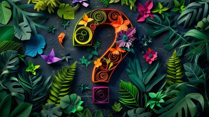 Colorful question mark with numbers, in the style of paper craft style and plants on dark background. Quisling paper art design vector illustration for festival banner or poster template