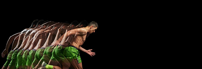 Intensity of training session. Muscular, shirtless man in motion, running against black background...