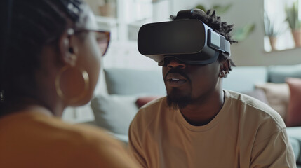 African American man wearing an AR headset talking to a woman in the living room.