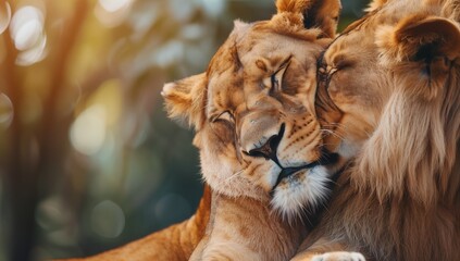 Lion and lioness in love, hugging each other with their paws, closed eyes and happy faces, closeup...