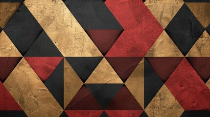 Visualize a scene where triangular elegance takes center stage with a red, black, and gold...
