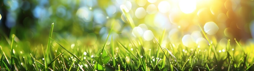 Beautiful summer background with green grass with drops. Blurred background. Banner.