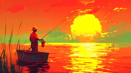 Raamstickers fisherman goes into the sunset with a bucket © john