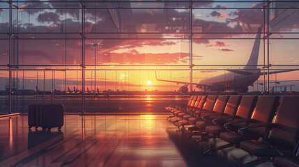Sunrise illuminates a peaceful airport terminal  suitcases ready  airplane waiting  signaling the start of exciting tourist journeys - obrazy, fototapety, plakaty