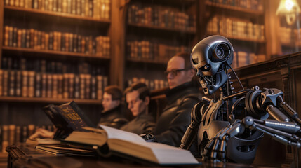 Machine learning. Robot reads a book in the library.