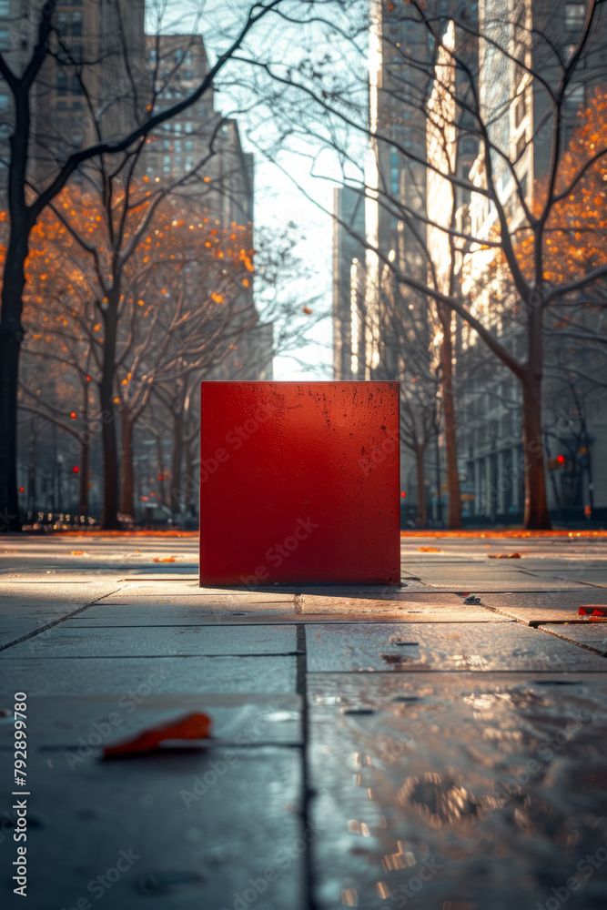 Poster a scene showing a public square, where a single red cube sculpture stands boldly against a vast, con