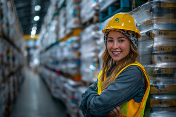 Female worker in a warehouse wearing a yellow safety vest and hard hat, standing with her arms crossed smiling at the camera
