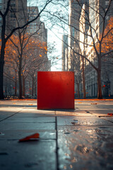 A scene showing a public square, where a single red cube sculpture stands boldly against a vast, con