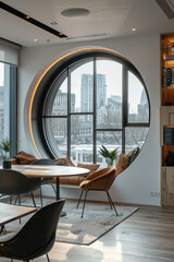 A photograph of a modern office space with a large, circular window that punctuates an otherwise una - obrazy, fototapety, plakaty