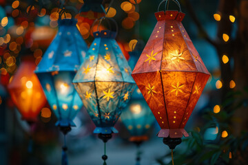 A scene depicting a festive decoration where paper lanterns are made using a simple triangular foldi - obrazy, fototapety, plakaty