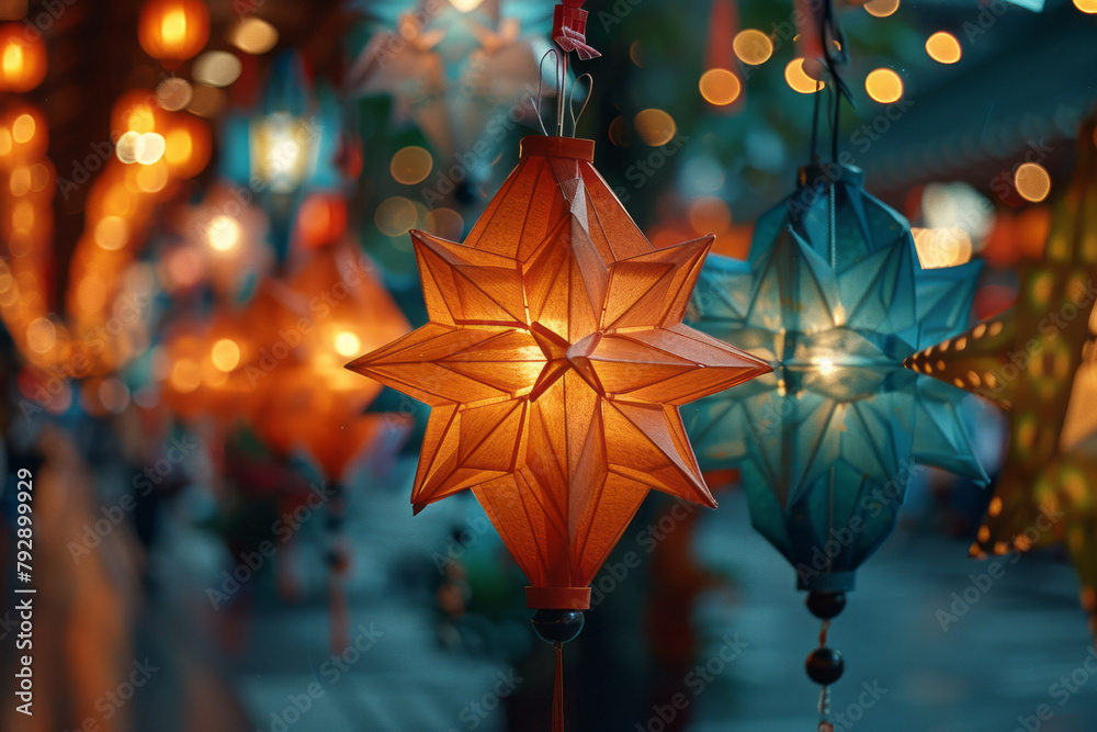 Aufkleber a scene depicting a festive decoration where paper lanterns are made using a simple triangular foldi