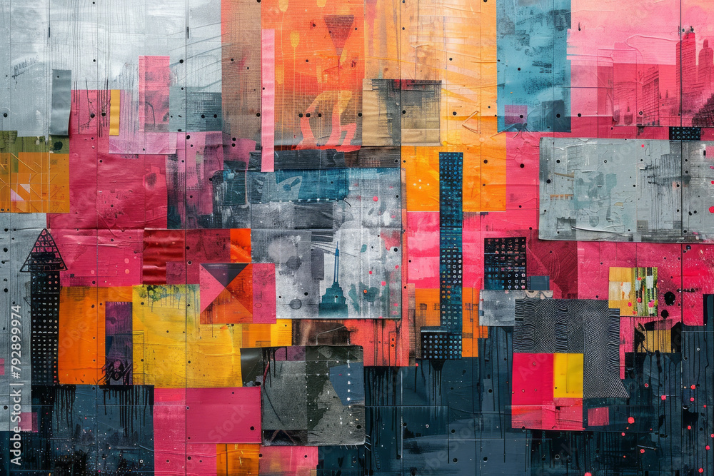 Poster An image depicting an art installation where different fabrics with bold geometric prints are layere