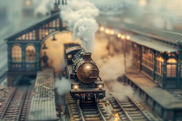 Railway Station with an old train and clouds of smoke. Tilt shift, Steampunk and retro-futurism style - obrazy, fototapety, plakaty
