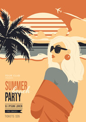Summer Poster in Retro Style Girl with Glasses on Sunset on Beach and Sea Background. Vector Template for party invitations.