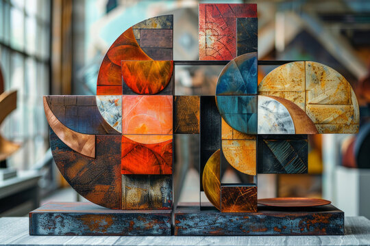 An image of a sculptural collage that combines metal, wood, and acrylic pieces cut into geometric fo