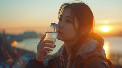 Happy slim woman drinking water after workout exercising in the city at sunrise. Young beautiful asian drinking water after jogging running outdoor. Healthy and active lifestyle concept.