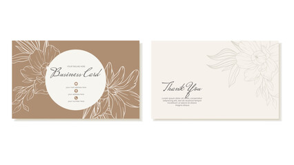 Templates Business Card, Thank You Card With Minimalistic Outline Flower. Vector