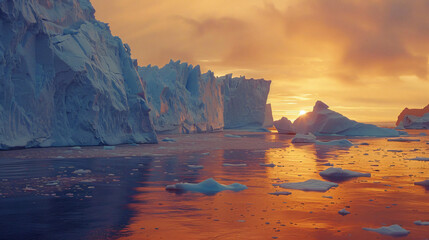 Big blue icebergs in the Ilulissat icefjord at sunset