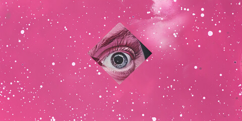 Pink Abstract Background with Central Human Eye and White Splatters - obrazy, fototapety, plakaty