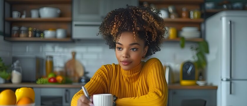 An African American woman writing a grocery list on a sticky note on the refrigerator. Concept lifestyle, grocery list, African American woman, sticky note, refrigerator