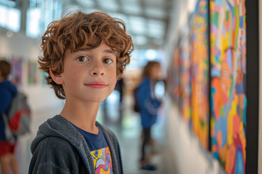 A photograph of a school art exhibition where children display artwork that represents their cultura