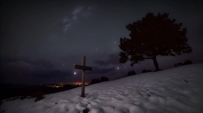 wooden cross, on a hill, at night, with a starry night sky