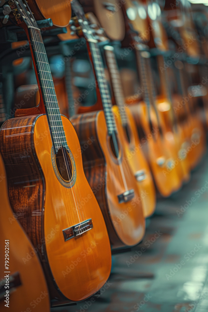 Poster a scene showing a music teacher tuning guitars before a class, preparing to pass on the joy of music