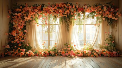 The wedding background and room for studio photos are filled with beautiful flower decorations