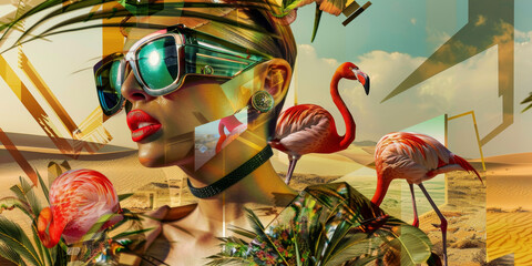 Surreal Tropical Desert Dreamscape with Flamingos and Futuristic Woman