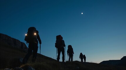 Atmospheric night trek in the mountains, hikers equipped with headlamps exploring trails