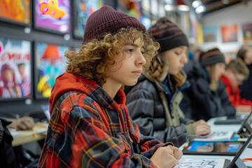 A photograph of students participating in a digital art class, using tablets to draw and digitally p