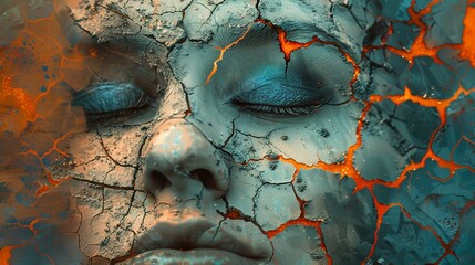 surrealism depicting a close-up of a face with a cracked texture effect in a blue-orange color scheme - obrazy, fototapety, plakaty