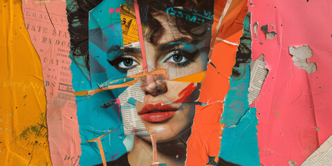 Colorful Collage Artwork of Woman's Face on a Torn Poster Background
