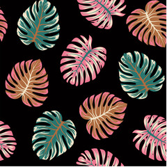 Botanical seamless tropical pattern with bright plants and leaves on a dark background. Tropic leaves in bright colors. Exotic wallpaper. Hawaiian style.