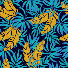 Botanical seamless tropical pattern with bright plants and leaves on a dark background. Seamless pattern with colorful leaves and plants. Jungle leaf seamless vector floral pattern background.