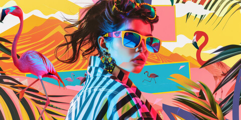 Vibrant Tropical Fashion Model with Flamingos Background