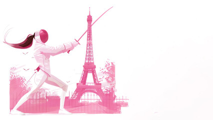Fototapeta na wymiar Pink illustration of female fencer holding a sword by eiffel tower