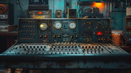 Vintage Control Panel in a Room with Various Instruments and Electronic Equipment - obrazy, fototapety, plakaty
