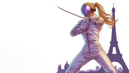 Obraz premium Purple illustration of female fencer holding a sword by eiffel tower