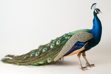 Fototapeta premium regal peacock with vibrant feathers on white background.