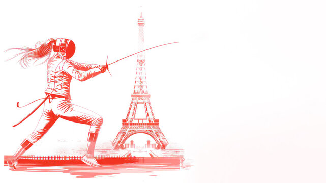 Red illustration of female fencer holding a sword by eiffel tower