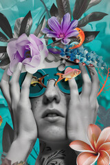 Surreal Floral Portrait with Avant-Garde Elements and Vibrant Colors