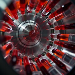A high-speed centrifuge machine separates blood components into distinct layers in test tubes.  - obrazy, fototapety, plakaty