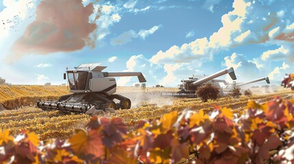 combine harvesters and grape harvesters at work. The illustration emphasizes the role of automation in streamlining the harvesting process and increasing productivity.